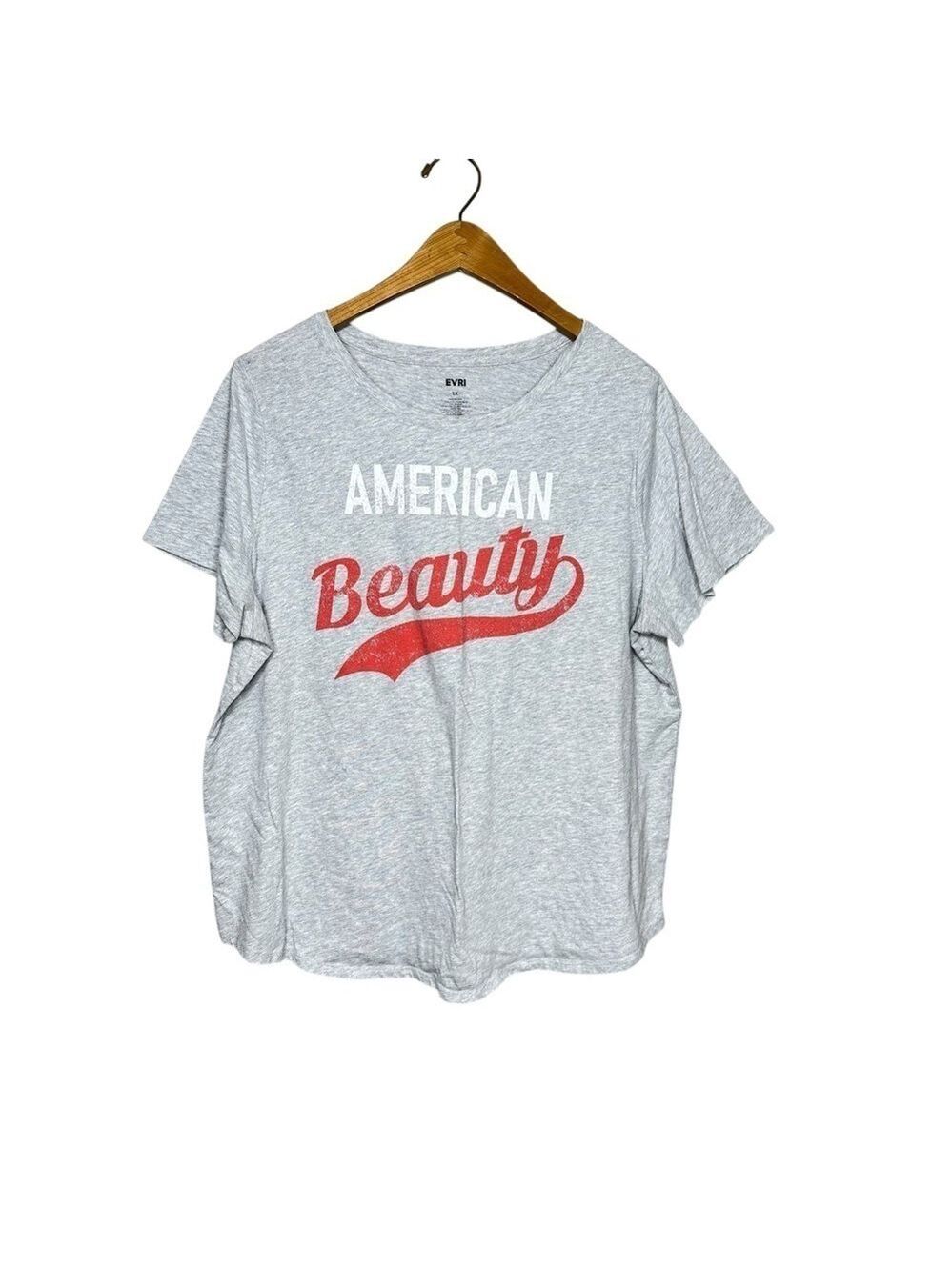 Evri Women’s American Beauty Gray Graphic Tee Shirt Short Sleeved Size 1X
